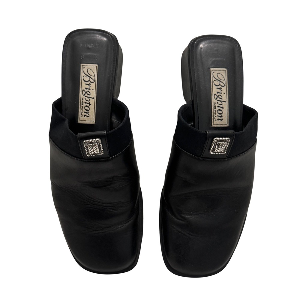 VTG Brighton Bandit Black Leather Mules Womens 8M Square Toe Slip-On Clogs